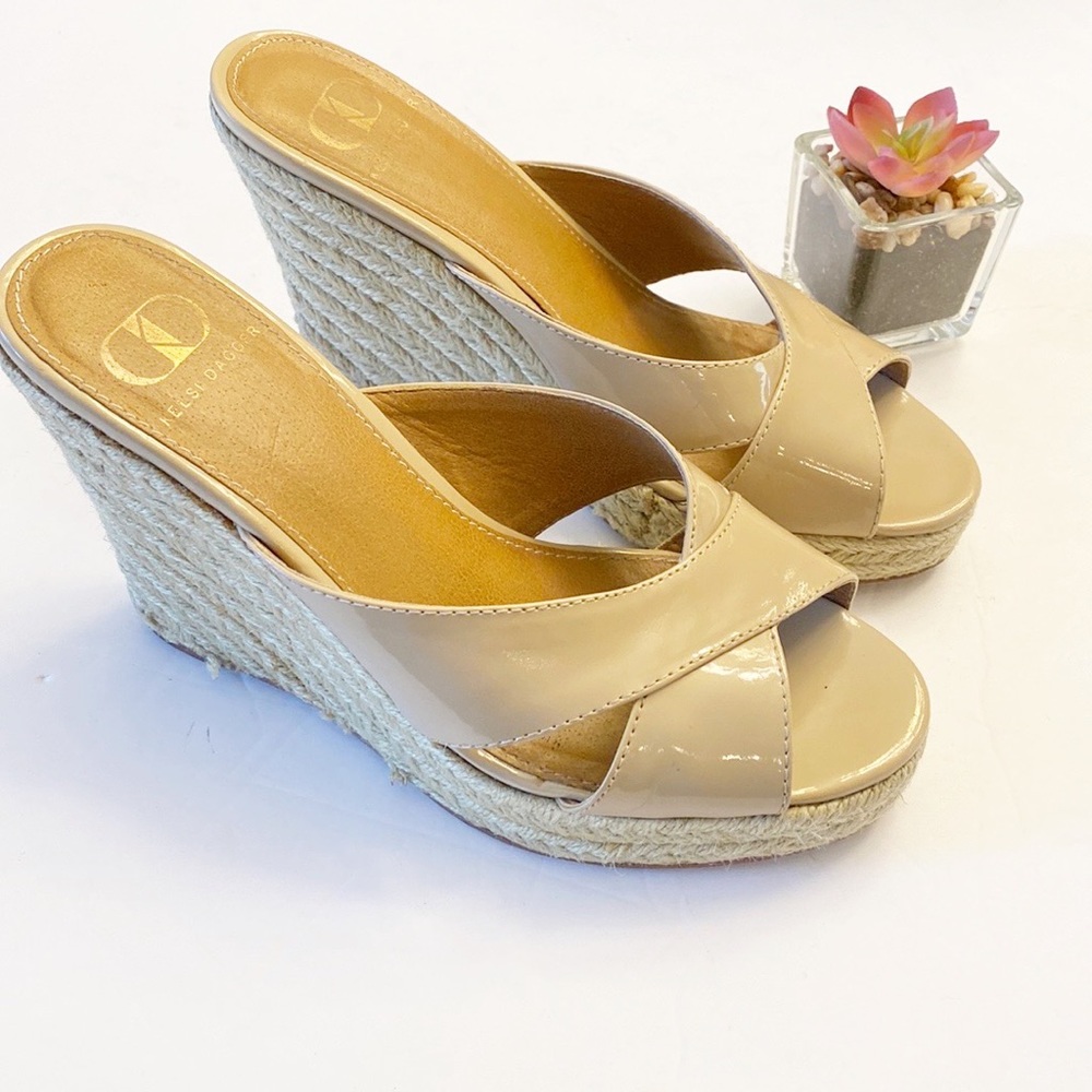 Anthropologie | Kelsi Dagger Neutral Patent Leather Wedge Espadrille Sandals 6